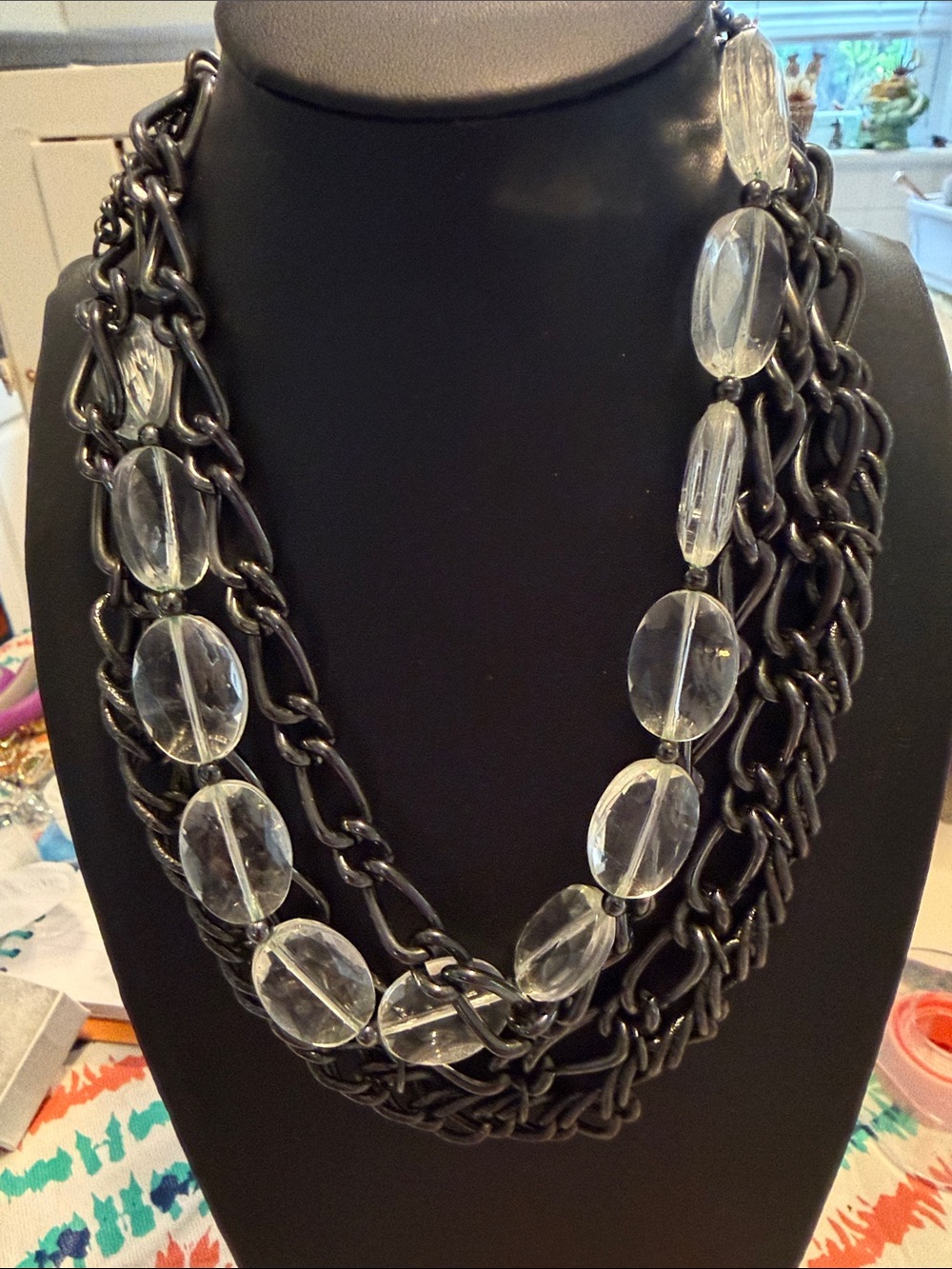 Multi-Strand gunmetal Chain Necklace w Clear Beads - Women like new 16”-18”